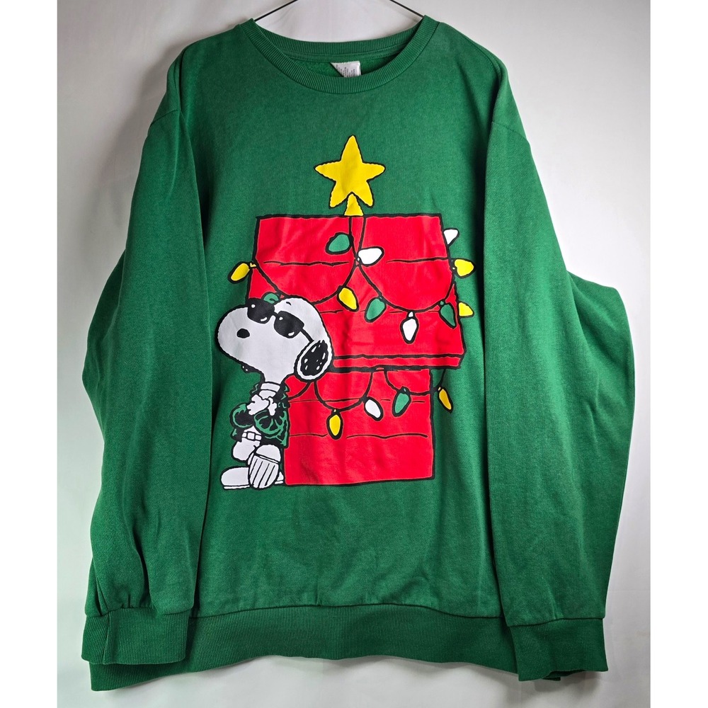Peanuts Snoopy Christmas Green Fleece Crewneck Pullover Sweatshirt Mens XL